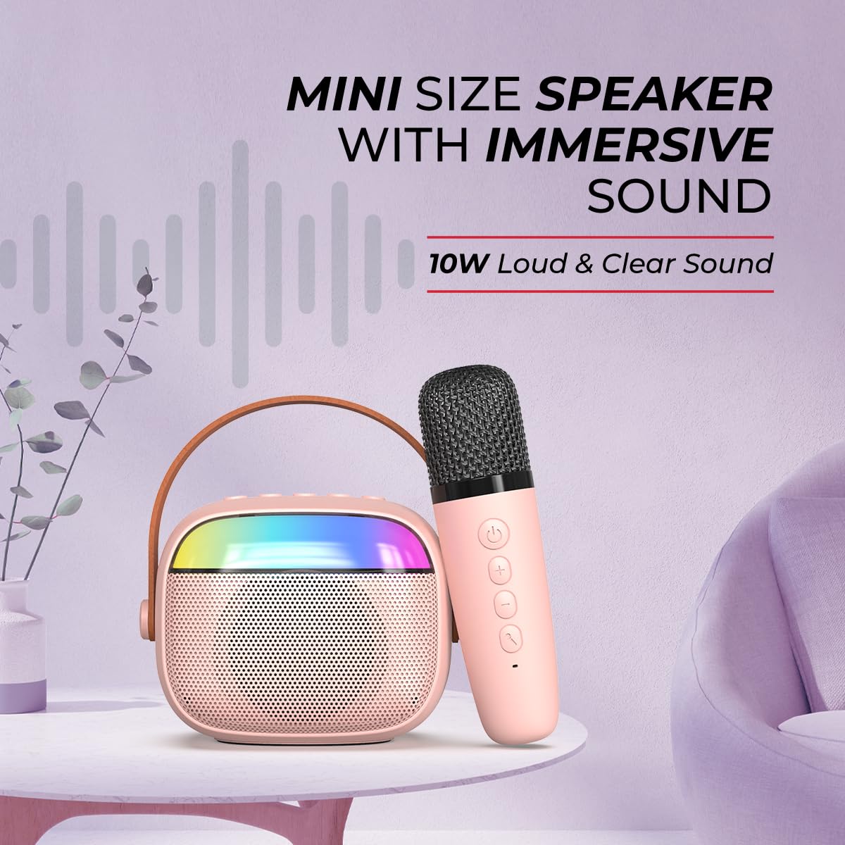 pTron Fusion Smart 10W Mini Bluetooth Speaker with Wireless Karaoke Mic, 10Hrs Playtime, RGB Lights, Voice Effects, Multi-Play Modes BT5.3/TF Card/USB &