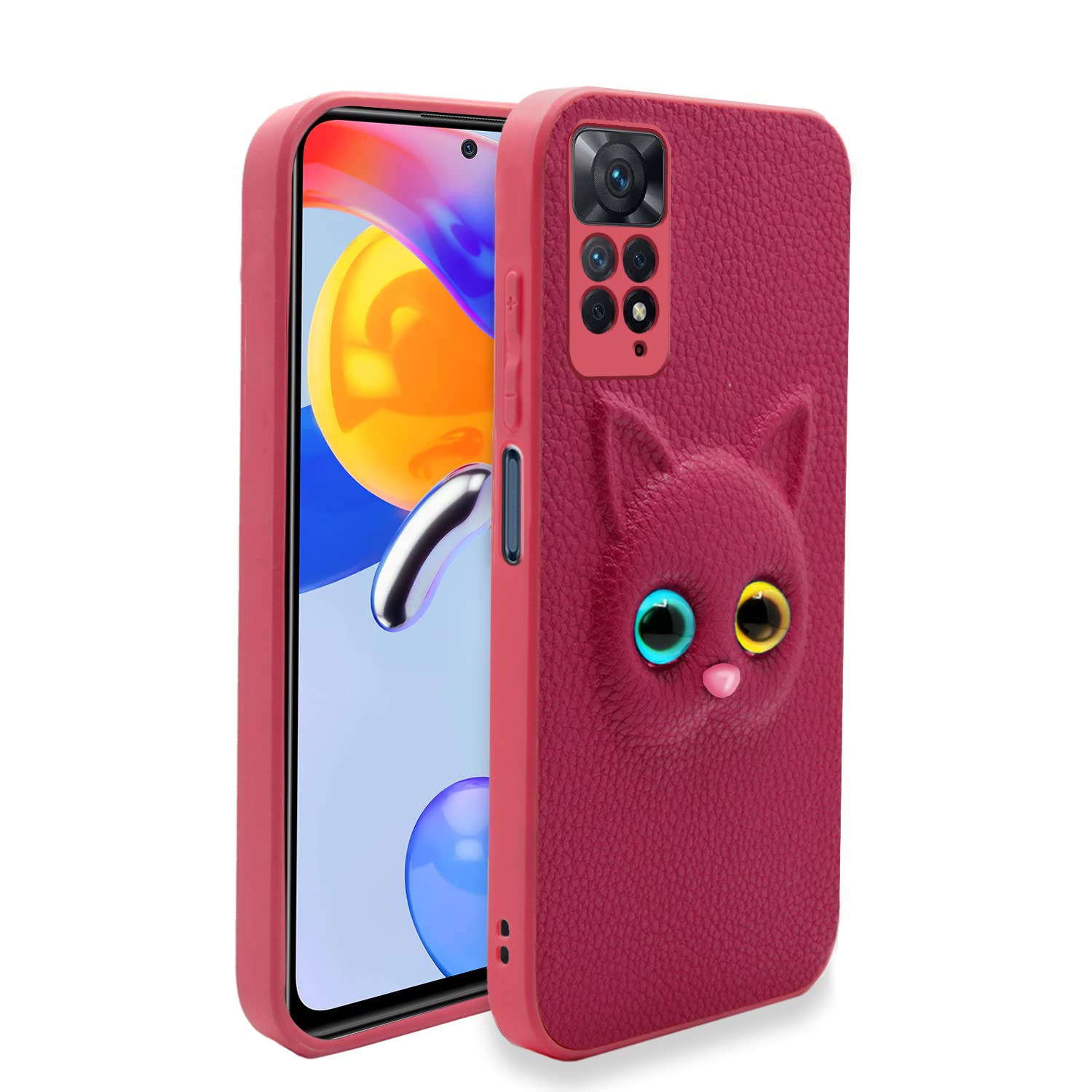 Mi Realme Note 11 / Note 11s Back Cover for Girls | Cute Cat Leather Finish | Soft TPU | Case for Mi Redmi Note 11 / Note 11s (Pink)